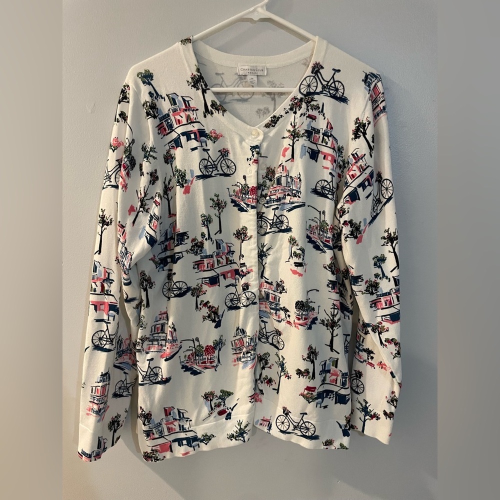 Cardigan with all over print bikes and trees.
Size 2XL Charter Club woman’s